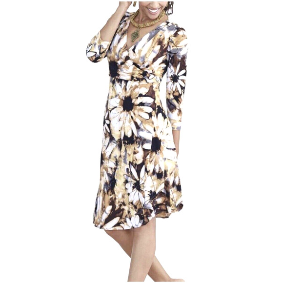 Midnight Velvet Wrap Daisy Floral Summer Fall Office Casual A-Line Stretch Dress - Picture 1 of 16